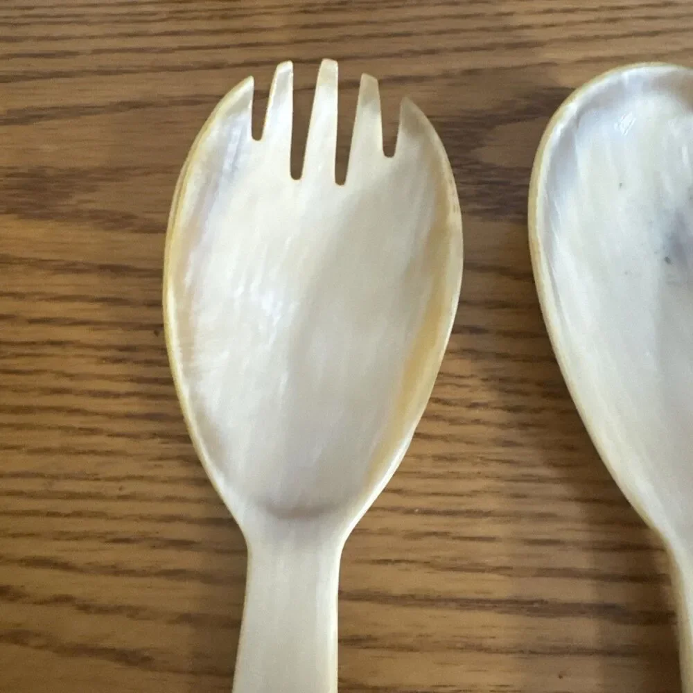 Vintage Art Deco 835 Solid Silver & Natural Horn Salad Serving Set Spoon Fork